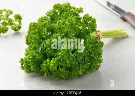 Bunch of fresh green curly leaf parsley close up on a cutting board Stock Photo