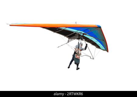 Funny hang glider pilot with stretched legs isolated on white Stock Photo