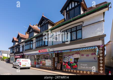 The Spar convenience store in the High Street in the village of Porlock, Exmoor National Park, Somerset, England. Stock Photo