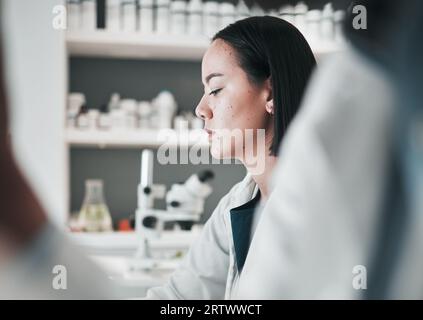 Medical, thinking and woman with research, science and data analysis with planning, brainstorming and decision. Smart person, researcher and scientist Stock Photo