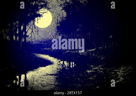 Dark forest landscape with full moon in retro dotwork style. Mysterious night landscape in vintage style. Stock Vector