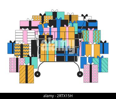 Shopping cart overflowed with gifts 2D linear cartoon object Stock Vector