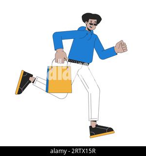 Shopper male running with boutique bag 2D linear cartoon character Stock Vector
