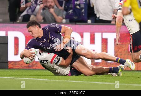 Will Warbrick of the Storm scores a try during the NRL Round 12 match  between the Redcliffe Dolphins and the Melbourne Storm at Suncorp Stadium  in Brisbane, Saturday, May 20, 2023. (AAP