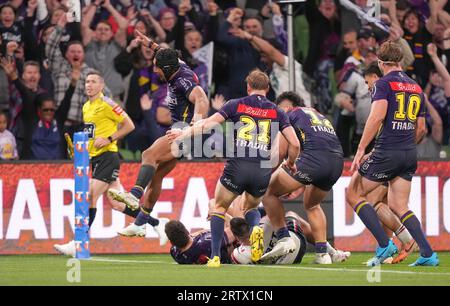 Will Warbrick of the Storm scores a try during the NRL Round 12 match  between the Redcliffe Dolphins and the Melbourne Storm at Suncorp Stadium  in Brisbane, Saturday, May 20, 2023. (AAP