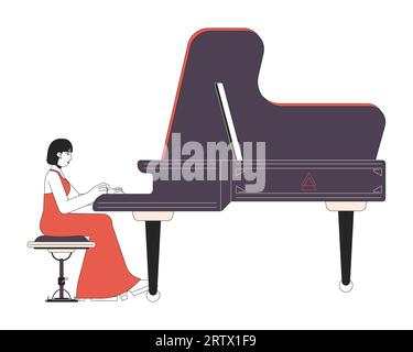 Grand piano player female line cartoon flat illustration Stock Vector