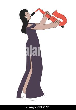 Saxophone girl in recital dress line cartoon flat illustration Stock Vector