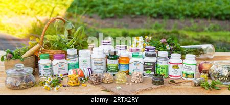 Kyiv, Ukraine - 07. 07. 2023. Supplements in jars with iHerb. Selective focus Nature Stock Photo