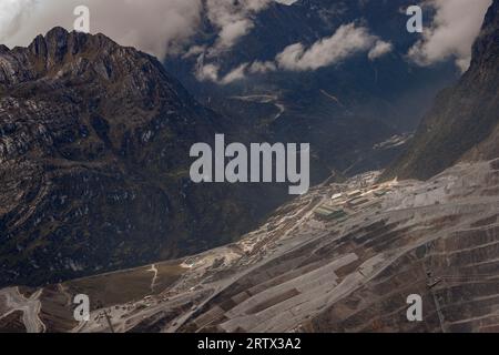 The support area for the Grasberg open pit mine in Papua, Indonesian highlands against the rugged landscape Stock Photo