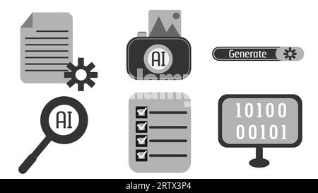 Six artificial intelligence simple grey editable icons set sheet Stock Vector