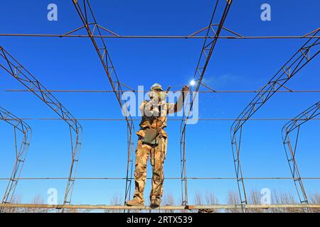 LUANNAN COUNTY, China - December 1, 2021: farmers weld steel skeleton greenhouses in farmland, North China Stock Photo