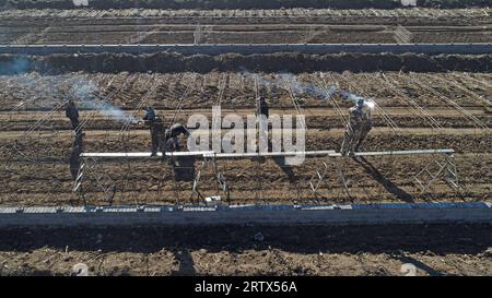 farmers weld steel skeleton greenhouses in farmland, North China Stock Photo