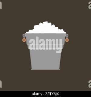 Pail with white ice. Small metal bucket with pile square ice cubes. Icon. Vector illustration on white background. Stock Vector