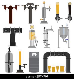 Set of beer equipment for bar including beer pump, dispenser with tap and handle and with set full glass beer mugs with foam. Pouring in beer glasses. Stock Vector