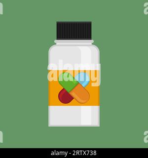 Medical bottle icon. White bottle with crossed capsules on a label. For medicine, pharmacology and advertising. Isolated vector graphic illustration. Stock Vector