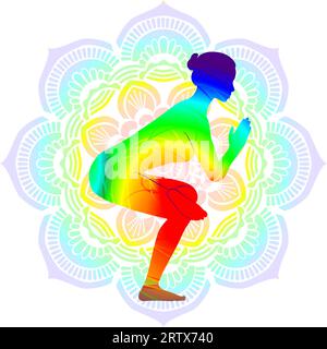 Colorful silhouette Eka Pada Utkatasana. Figure Four pose or Standing Pigeon pose. One Legged Chair posture. Isolated vector illustration. Mandala Stock Vector