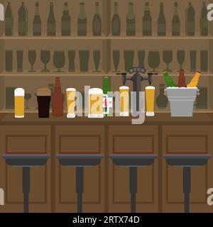Interior of pub, cafe or bar with counter, glasses of beer, beer pump and ice pail. Inside drinking establishment.  Bar counter, chairs and shelves wi Stock Vector