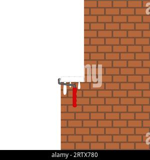 Brown brick wall painted with white paint roller. Vector background. Stock Vector