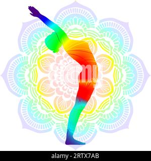 Colorful silhouette Ardha Chandrasana or Anuvittasana. Mountain with Arms Up and Backbend pose. Isolated vector illustration. Mandala Stock Vector