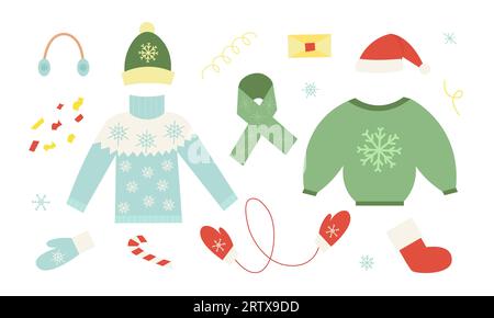Winter outdoor clothes set with knitted sweaters, hats and mittens. Flat vector illustration in cartoon style Stock Vector