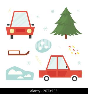 Winter set of red car, snow, sledge and fir tree. Vector flat illustration in cartoon style, isolated elements Stock Vector