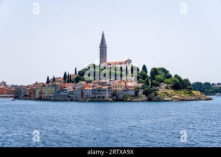 View of Church of Saint Euphemia and waterfront of the popular tourist resort and fishing port of Rovinj on the Istrian Peninsula of Croatia Stock Photo
