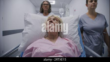 Mature female doctor with young nurse brings senior patient to medical center. Old woman lies on gurney with drip and talks with medics about surgery. Medical staff at work in modern hospital. Stock Photo