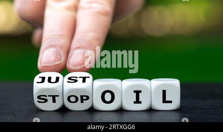 Dice form the expression 'just stop oil'. Stock Photo