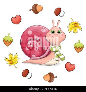 Cute cartoon pink snail with warm scarf in the autumn frame. Vector illustration of an animal with nuts, acorns, mushrooms, leaves and hearts. Stock Vector