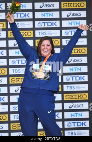 DeAnna Price of the USA celebrates while recieving her bronze medal for hammer on day seven at the World Athletics Championships at the National Athle Stock Photo