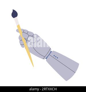Hand of cyborg or robot holds a round brush for painting. Mechanical palm with fingers. Artificial intelligence draws. Vector flat isolated Stock Vector