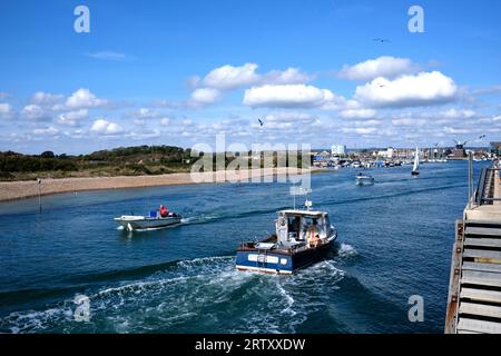 motor boats on the river arun,littlehampton town seaside resort,west sussex,uk september 14 2023 Stock Photo