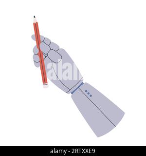 Hand of cyborg or robot holds a pencil. Mechanical palm with fingers. Artificial intelligence draws. Vector flat isolated illustration. Stock Vector