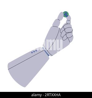 Cyborg or robot holds planet Earth. Mechanical palm with fingers. Machine rules the Earth. Vector flat isolated illustration. Stock Vector