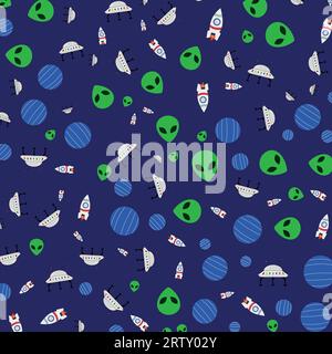 Space elements seamless pattern. cartoon space rocket, planet, alien, ufo. Pattern for web page, textile,  wallpaper,banner,poster. world space week. Stock Vector