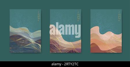 Japanese wave pattern with abstract landscape grunge art background vector. Water surface and ocean elements template in vintage luxury style. Stock Vector