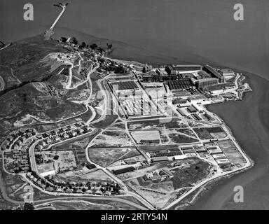 San Quentin, California:  c. 1950. An aerial view of San Quentin State Prison, the oldest in the state, in Marin County. Stock Photo