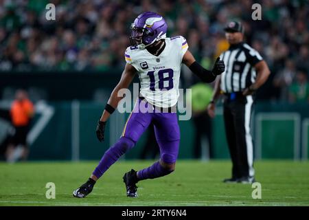 Minnesota Vikings wide receiver Justin Jefferson (18) runs on the field  before an NFL football game against the Philadelphia Eagles on Thursday,  Sept. 14, 2023, in Philadelphia. (AP Photo/Matt Rourke Stock Photo - Alamy