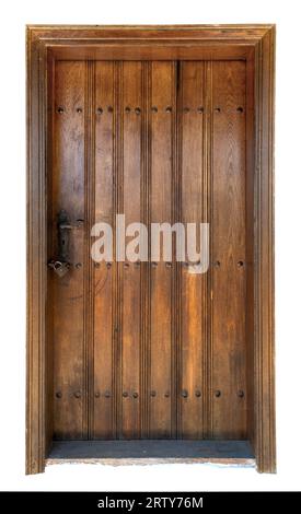 An old wooden door locked with a padlock isolated on white background Stock Photo