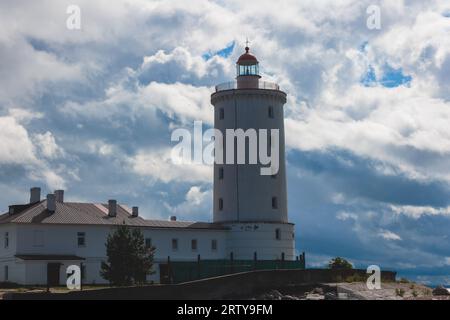 Tolbukhin island lighthouse, Saint-Petersburg, Kronstadt, Gulf of Finland view, Russia in summer sunny day, lighthouses of Russia travel Stock Photo