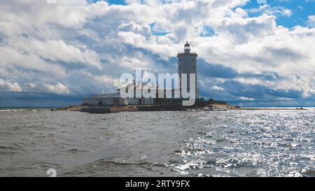 Tolbukhin island lighthouse, Saint-Petersburg, Kronstadt, Gulf of Finland view, Russia in summer sunny day, lighthouses of Russia travel Stock Photo