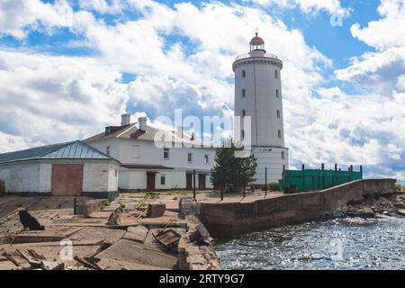 Tolbukhin island lighthouse, Saint-Petersburg, Kronstadt, Gulf of Finland view, Russia in summer sunny day, lighthouses of Russia travel Stock Photo