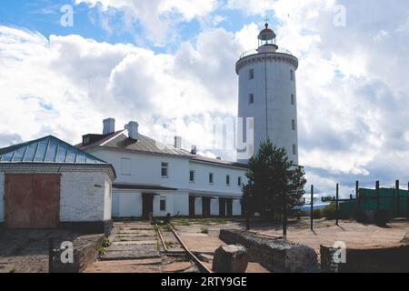 Tolbukhin island lighthouse, Saint-Petersburg, Kronstadt, Gulf of Finland view, Russia in summer sunny day, lighthouses of Russia travel Stock Photo