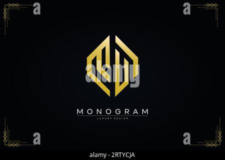 luxurious letter MU logo with gold line art hexagon shape vector design template Stock Vector
