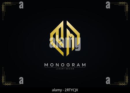 luxurious letter MM logo with gold line art hexagon shape vector design template Stock Vector