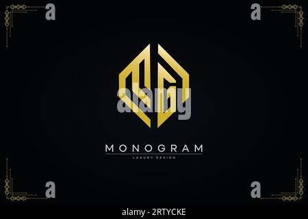 luxurious letter MG logo with gold line art hexagon shape vector design template Stock Vector
