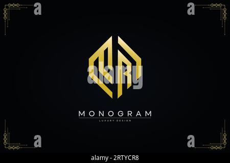 luxurious letter MR logo with gold line art hexagon shape vector design template Stock Vector
