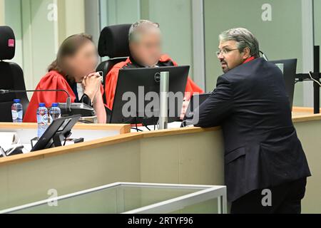 Belgian public prosecutor Paule Somers, Belgian public prosecutor Bernard Michel and Federal Prosecutor Frederic Van Leeuw pictured during a session regarding the judgment on the penalty at the trial of the terrorist attacks of March 22, 2016, at the Brussels-Capital Assizes Court, Friday 15 September 2023 at the Justitia site in Haren, Brussels. On March 22 2016, 32 people were killed and 324 got injured in suicide bombings at Zaventem national airport and Maalbeek/ Maelbeek metro station, which were claimed by ISIL. BELGA PHOTO POOL DIDIER LEBRUN Stock Photo