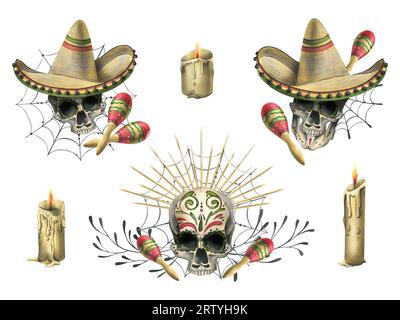 Ornamented human skulls, in a sombrero hat with maracas and cobwebs. Hand drawn watercolor illustration for day of the dead, halloween, Dia de los Stock Photo