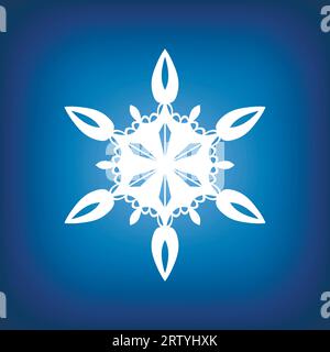 White template snowflake on blue background. Isolated snowflakes icon. Empty paper shape. Winter cartoon flat illustration. Geometric hexagonal Stock Vector